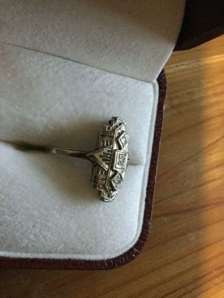 VINTAGE 14K WHITE GOLD RING WITH 3 SMALL CUT DIAMONDS.  Size 6. 2