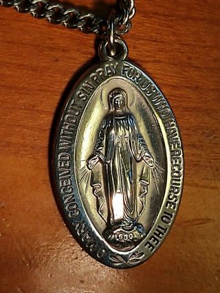 Virgin Mary Miraculous Medal 1830 925 Sterling Silver Vintage With Chain 1 1/8 "