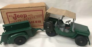 Vintage Marx Lumar Willys Jeep & Trailer W/ Canvas Top & Lights