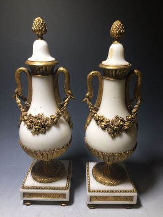 Pair Antique French Marble Vases Urns Bronze Louis Xvi Swan Handles