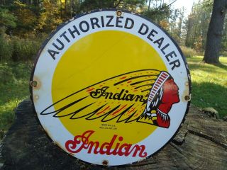Old Vintage Indian Motorcycle Porcelain Advertising Sign " Authorized Dealer "