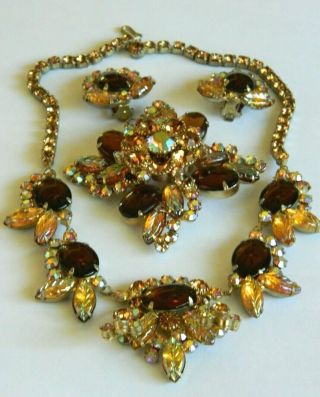 Vintage Juliana Molded Ab Glass Rhinestone Flower Necklace Brooch Earring Book