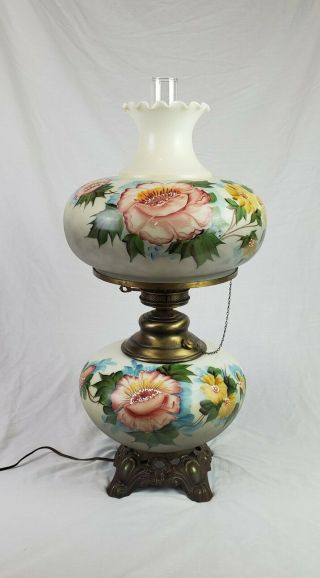 Large Gwtw Vintage 3 Way Hurricane Table Lamp Two Tone Hand Painted Flowers