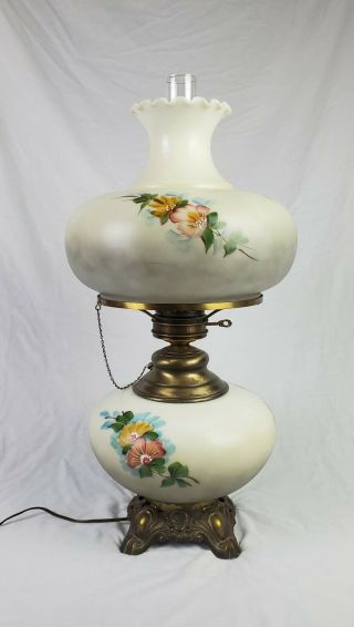 Large GWTW Vintage 3 Way Hurricane Table Lamp Two Tone Hand Painted Flowers 2