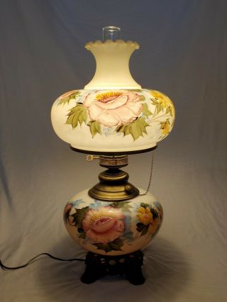 Large GWTW Vintage 3 Way Hurricane Table Lamp Two Tone Hand Painted Flowers 3