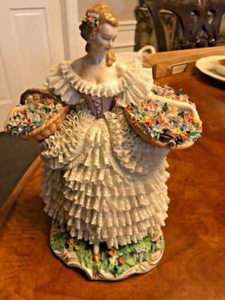 Vintage Dresden Sitzendorf Woman Figurine In Lace A Dress With Flower Baskets