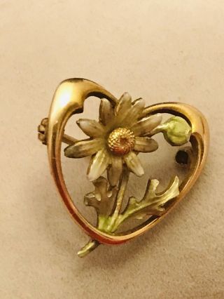 Antique Victorian 14k Yellow Gold Enamel Heart Shaped Brooch With Sunflower