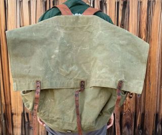 Vintage Army Green Canvas Rucksack Backpack Military Camping With Leather Straps
