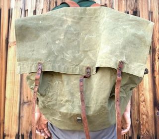 Vintage Army Green Canvas Rucksack Backpack Military Camping With Leather Straps 2