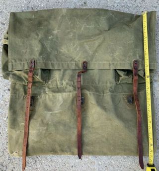 Vintage Army Green Canvas Rucksack Backpack Military Camping With Leather Straps 3
