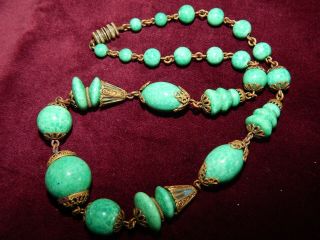 Vintage Art Deco Neiger Green Peking Glass & Enamel Necklace Czech 1930 