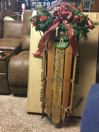 Vintage Wooden Metal Snow Sled,  46”x 23” Flying Arrow Decorated With Lights
