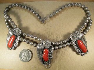 Vintage Sterling Silver & Red Coral Beaded Necklace,  Unsigned,  16.  5 ",  54.  9g