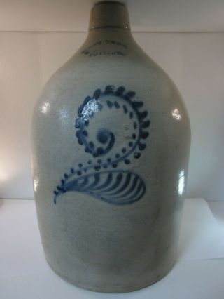Primitive West Troy Pottery Stoneware Salt Glaze 2 Gallon Crock Jug W/ Blue