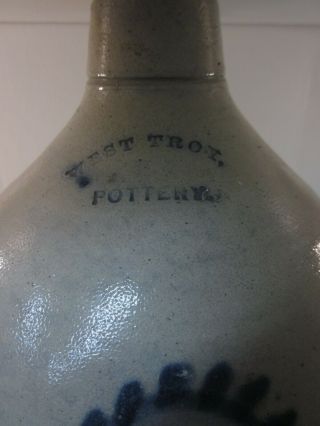 Primitive WEST TROY POTTERY Stoneware Salt Glaze 2 Gallon Crock Jug w/ blue 2