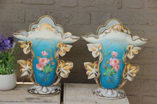 Pair Antique Vieux Paris Porcelain Floral Hand Paint Vases French