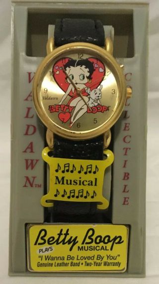 Valdawn Betty Boop W Heart - Musical Wrist Watch - Black Leather Band