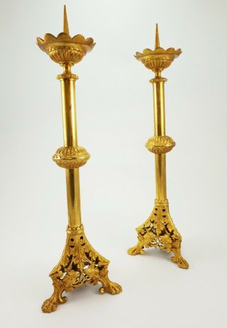 Pair 19th C French Antique Gilded Brass Pricket Church Candlesticks Lions E/0245