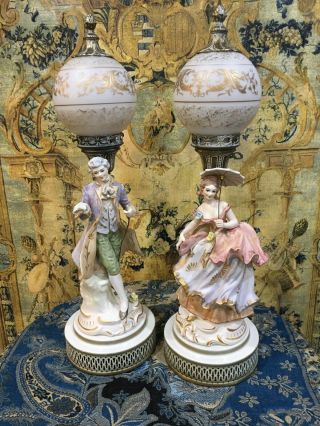 Victorian Lamps With Globes Pair 2 Figures People Matal Glass