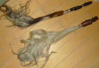 2 Horsetail Whips African Authentic Real Horse Hair 30 " Hand Carved Wood Figures