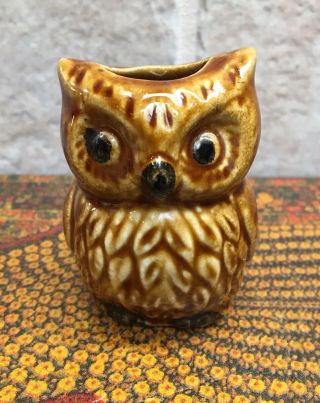 Miniature Vintage Brown Ceramic Owl Toothpick Holder Bud Vase