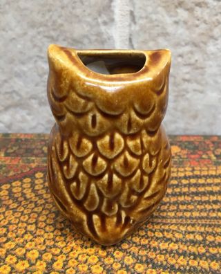 Miniature Vintage Brown Ceramic OWL Toothpick Holder Bud Vase 2