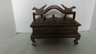 Vtg Asian Hand Carved Wooden Jewelry Box With 5 Trinket Compartments Ornate Desi