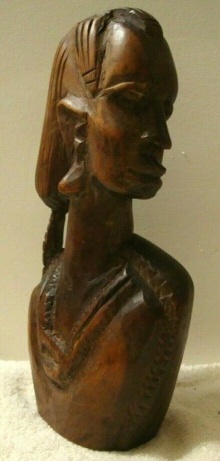 Vintage African Woman Wood Bust Sculpture Hand Carved Hardwood 10 " African Art