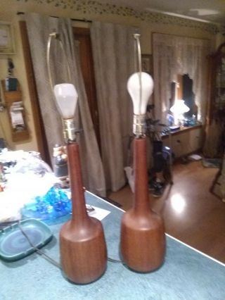 Matching Pair Vintage Danish Teak Wood Table Lamp Mid Century Modern 50`s 60`s