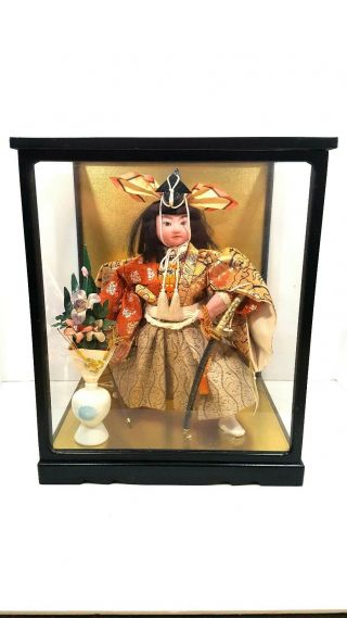 Vintage Japanese Samurai Warrior Doll In Black Lacquer Glass Case