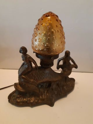Vintage Cast Metal Table Lamp With Amber Shade 2 Nude Ladies On A Large Fish.