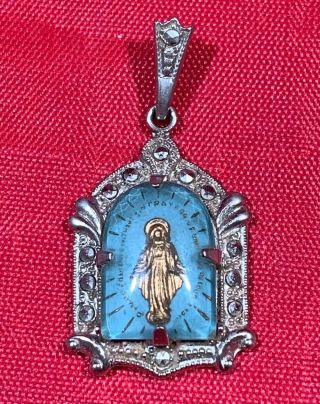 Vintage Sterling Silver Religious Jewelry Mother Mary Under Glass Pendant