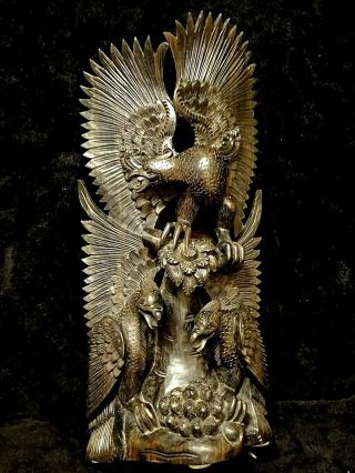German Vintage Victorian Black Forest Wood Carved Statue Nest Of Eagles Bird