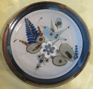 Ken Edwards Mexican Pottery Tonala 10 " Plate Blue Bird White Flower Sign Mexico