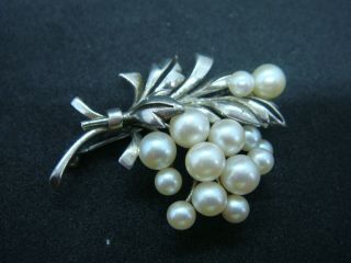 Vintage Mikimoto Cultured Pearl & Silver Brooch Pin Signed