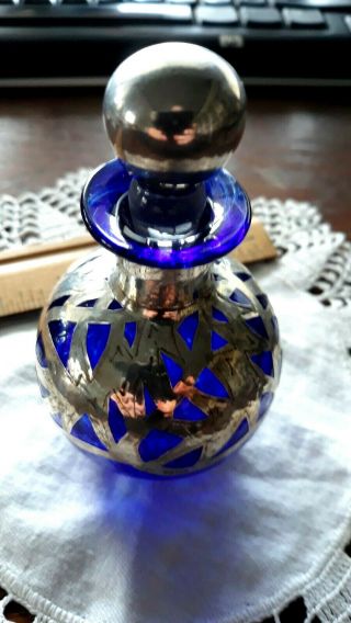 Rare Cobalt Blue Art Deco Perfume Sterling Silver Overlay Crystal Glass Bottle