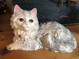 Antique Hubley 335 White Cat Kitten Cast Iron Fireside Doorstop Figure Persian