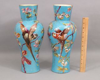 Large Pair Antique French Victorian Period Enamel On Porcelain Parrot Vases