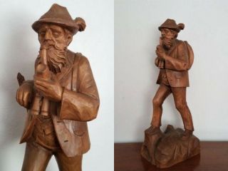 Vintage Large Carved Black Forest Mountain Man W Pipe 21 " Tall Statue