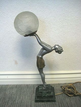 Antique Art Deco Signed Figural Deco Lamp Ball Shade Signed