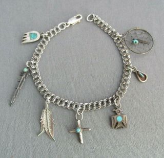 Vintage Old Pawn Sterling Turquoise Double Link Tennis Charm Bracelet