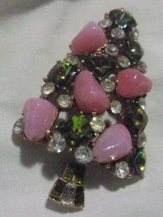 Mylu Vintage Christmas Tree Brooch Pink & Green Stones 3 " By 2 "