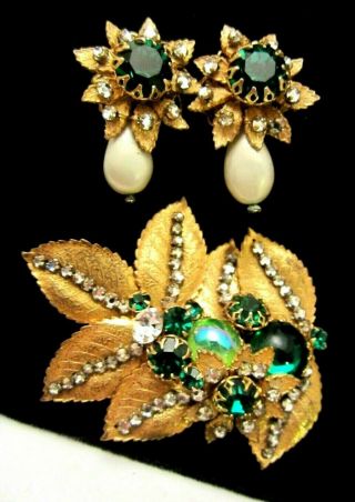 Rare Vintage Signed Demario Green Glass Rhinestone Brooch & Clip Earring Set A9