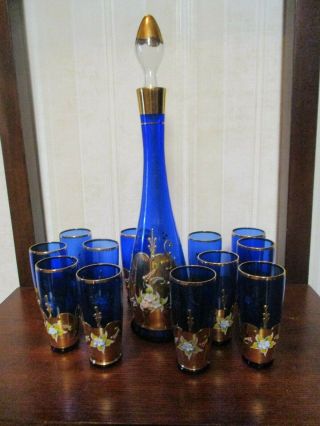 Vintage Murano Style Italian Cobalt Blue/gold Decanter With 12 Cordial Glasses