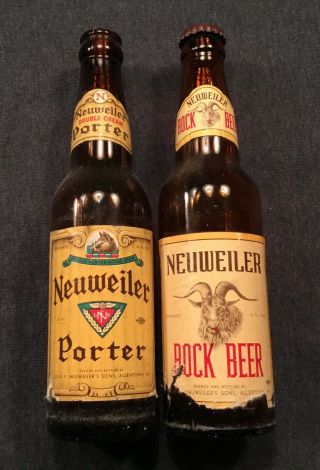 2 Old Paper Label Beer Bottles Neuweiler Bock Porter Crown Allentown Pa 1950s