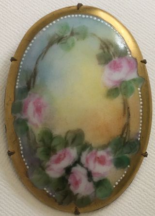 Antique Vintage Victorian Hand Painted Porcelain Brooch Pin Roses C Clasp Vg