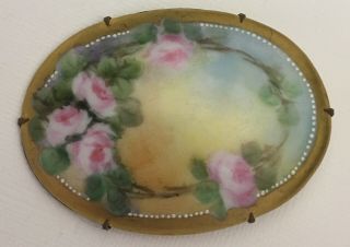 Antique Vintage Victorian Hand Painted Porcelain Brooch Pin Roses C Clasp VG 2