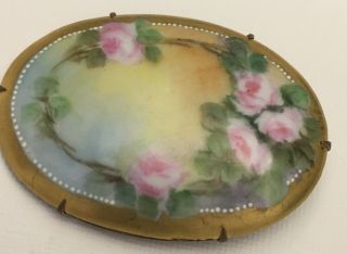 Antique Vintage Victorian Hand Painted Porcelain Brooch Pin Roses C Clasp VG 3