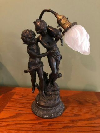 Antique Art Nouveau Cherub Figural Spelter Bronze Color Newel Post Lamp