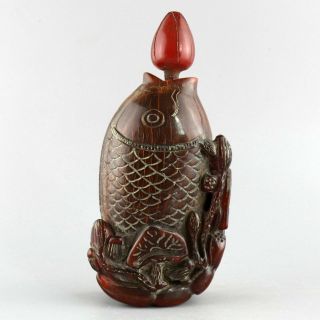 Collect China Antique Hand - Carved Fish & Lotus Unique Noble Ox Horn Snuff Bottle